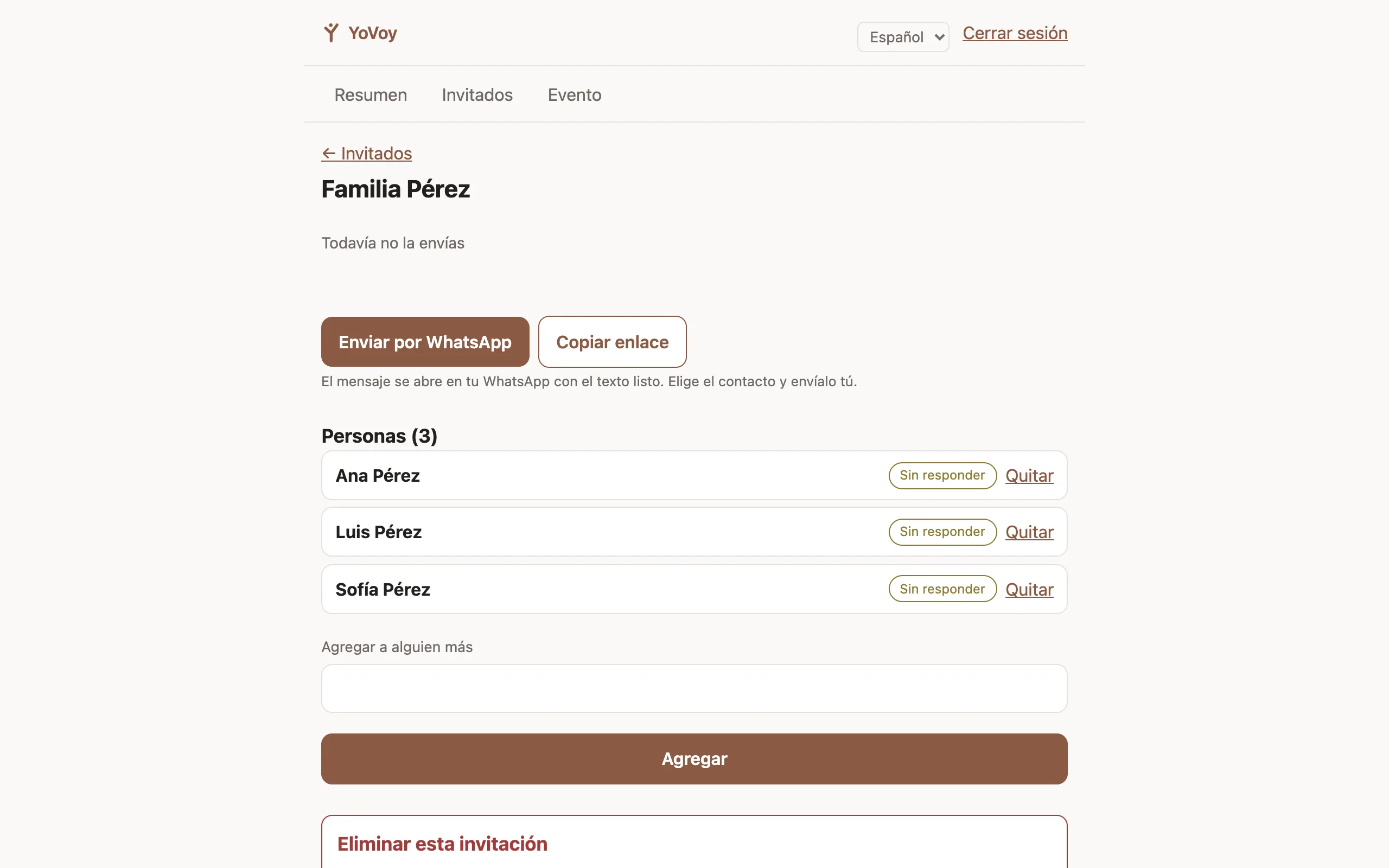 Captura del panel: una invitación con su botón para enviar por WhatsApp y su enlace privado.