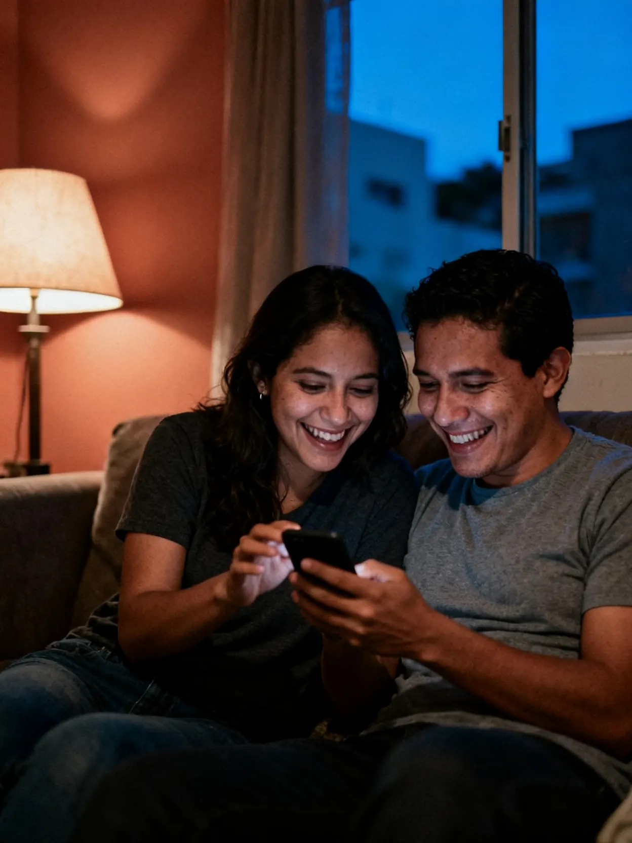 Una pareja mira su lista de invitados en un celular, en casa por la noche.
